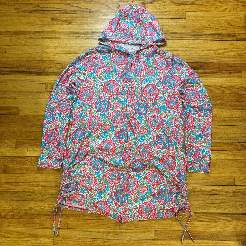 Coolibar Wailea Swim Cover-Up UPF 50+ Full Zip Hooded Paisley Pink Blue Large